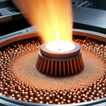 **Prompt:** A close-up, artistic shot showcasing fine, shimmering metallic powders (e.g., steel, titanium, or copper in their powder form) subtly transforming into a highly intricate and precise metal component, like a complex gear or a micro-turbine blade. The powders are seen coalescing and forming the solid shape. In the background, abstract, glowing elements representing high pressure compaction and controlled heat (sintering) are visible, emphasizing the 'magic' of raw material transforming into a functional, strong part. The image should convey precision, innovation, and the controlled environment of advanced manufacturing.