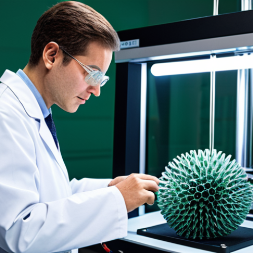 A focused, professional metallurgist, fully clothed in a lab coat over modest professional attire, is examining a complex 3D-printed metal component in a brightly lit, state-of-the-art research laboratory. In the background, an advanced metal 3D printer is visible, along with a large display screen showing intricate material science data and AI simulations. The atmosphere is innovative and forward-thinking, emphasizing sustainable green metallurgy. The image showcases perfect anatomy, correct proportions, well-formed hands, and natural body proportions, captured with professional studio lighting. safe for work, appropriate content, fully clothed, family-friendly.