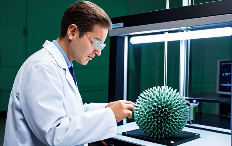 A focused, professional metallurgist, fully clothed in a lab coat over modest professional attire, is examining a complex 3D-printed metal component in a brightly lit, state-of-the-art research laboratory. In the background, an advanced metal 3D printer is visible, along with a large display screen showing intricate material science data and AI simulations. The atmosphere is innovative and forward-thinking, emphasizing sustainable green metallurgy. The image showcases perfect anatomy, correct proportions, well-formed hands, and natural body proportions, captured with professional studio lighting. safe for work, appropriate content, fully clothed, family-friendly.