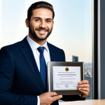 A confident professional individual, fully clothed in a modest business suit, standing in a well-lit, modern office. They are holding a sleek "Metal Materials Certificate" with a sense of accomplishment, with a blurred background showing a cityscape. The lighting is bright and professional. safe for work, appropriate content, fully clothed, professional, perfect anatomy, correct proportions, natural pose, well-formed hands, proper finger count, natural body proportions.