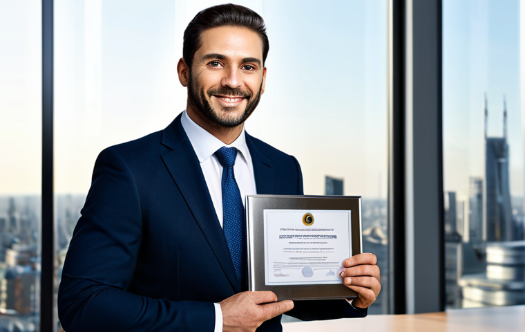 A confident professional individual, fully clothed in a modest business suit, standing in a well-lit, modern office. They are holding a sleek "Metal Materials Certificate" with a sense of accomplishment, with a blurred background showing a cityscape. The lighting is bright and professional. safe for work, appropriate content, fully clothed, professional, perfect anatomy, correct proportions, natural pose, well-formed hands, proper finger count, natural body proportions.