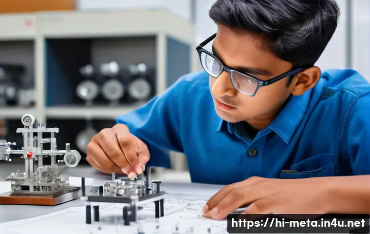 금속재료기사 시험 난이도 - A detailed and realistic close-up illustration of a metallurgical laboratory setup showing a young I...