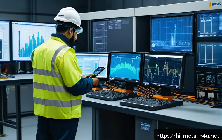 재료 시험법과 장비 비교 - A detailed and realistic industrial testing lab scene showing a skilled technician using a digital m...