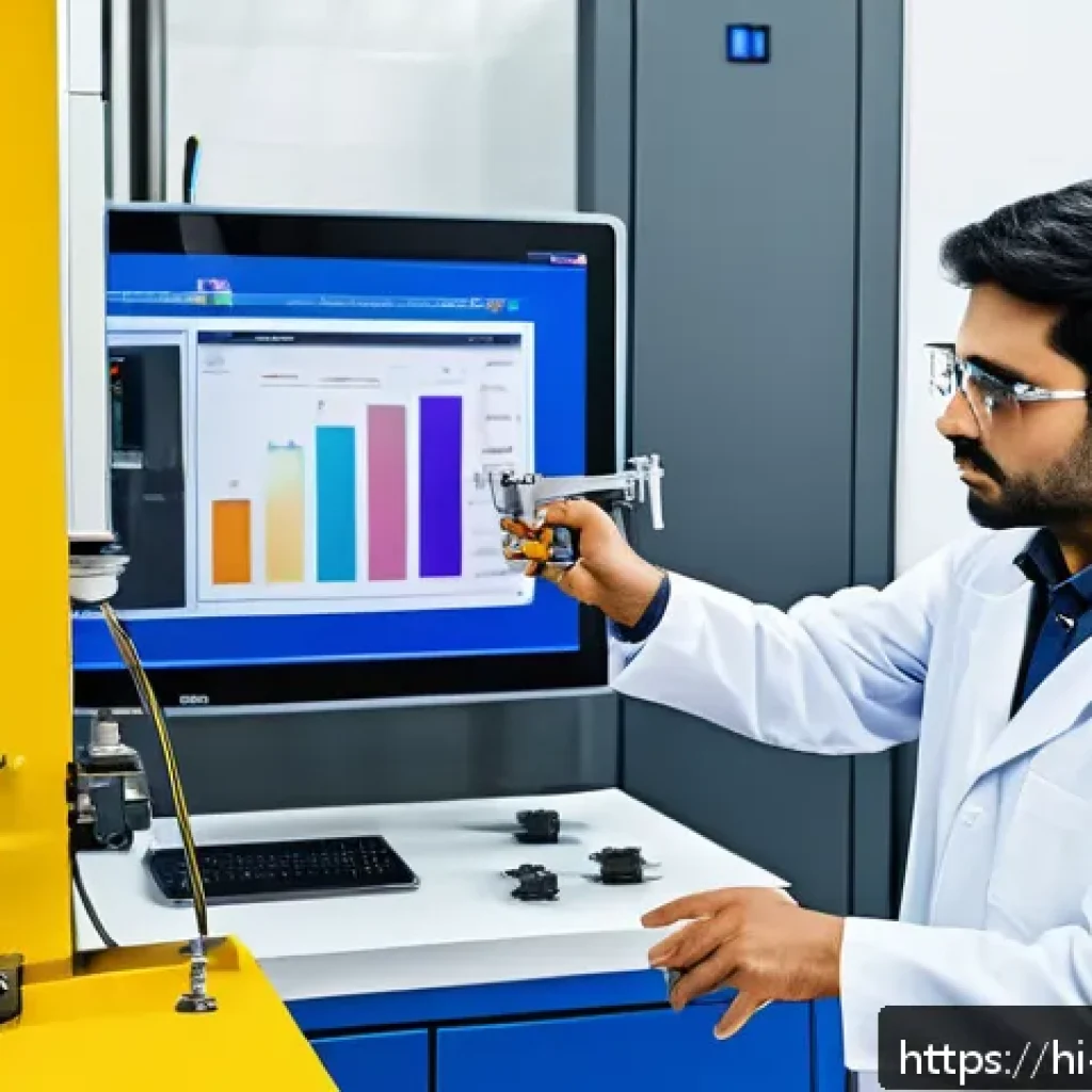 강도와 경도 시험 이론 - A highly detailed industrial laboratory scene showcasing a tensile testing machine in action, grippi...