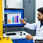 강도와 경도 시험 이론 - A highly detailed industrial laboratory scene showcasing a tensile testing machine in action, grippi...