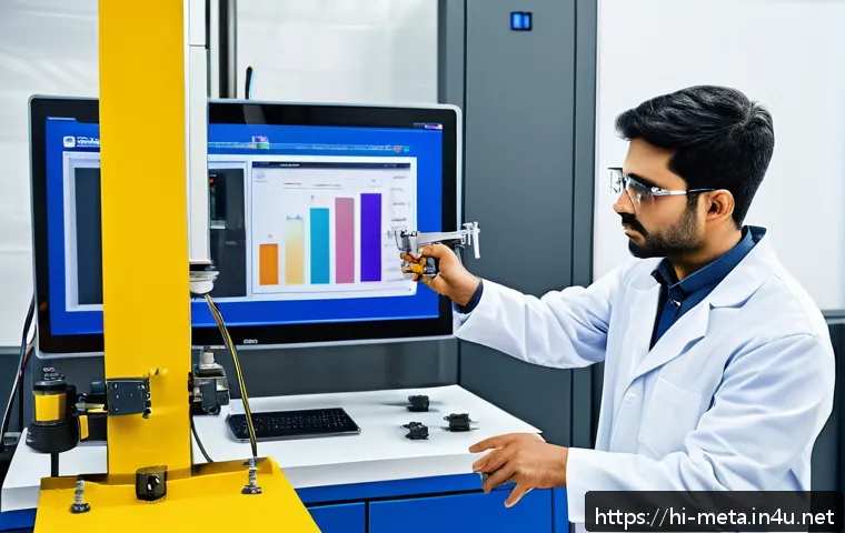 강도와 경도 시험 이론 - A highly detailed industrial laboratory scene showcasing a tensile testing machine in action, grippi...