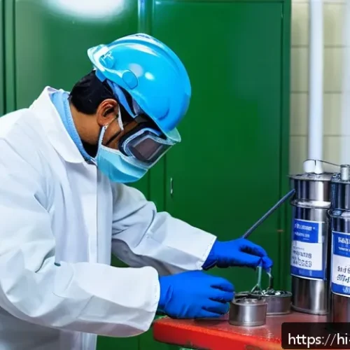 금속재료 실험실 환경 관리 - A detailed laboratory scene showing a metal materials lab worker wearing full personal protective eq...