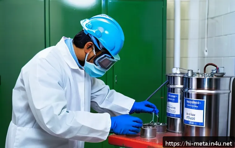 금속재료 실험실 환경 관리 - A detailed laboratory scene showing a metal materials lab worker wearing full personal protective eq...