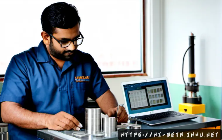 Home 17 금속재료 채용정보 탐색법 - Photorealistic scene of a skilled Indian materials engineer in clean safety glasses and workwear rev...